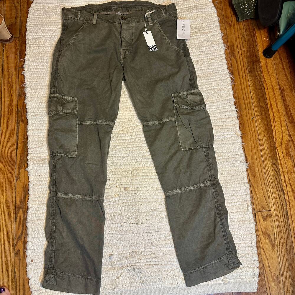 NWT NSF CLOTHING OLIVE ARMY CARGO PANTS INTERMIX HERRINGBONE STRIPE 26